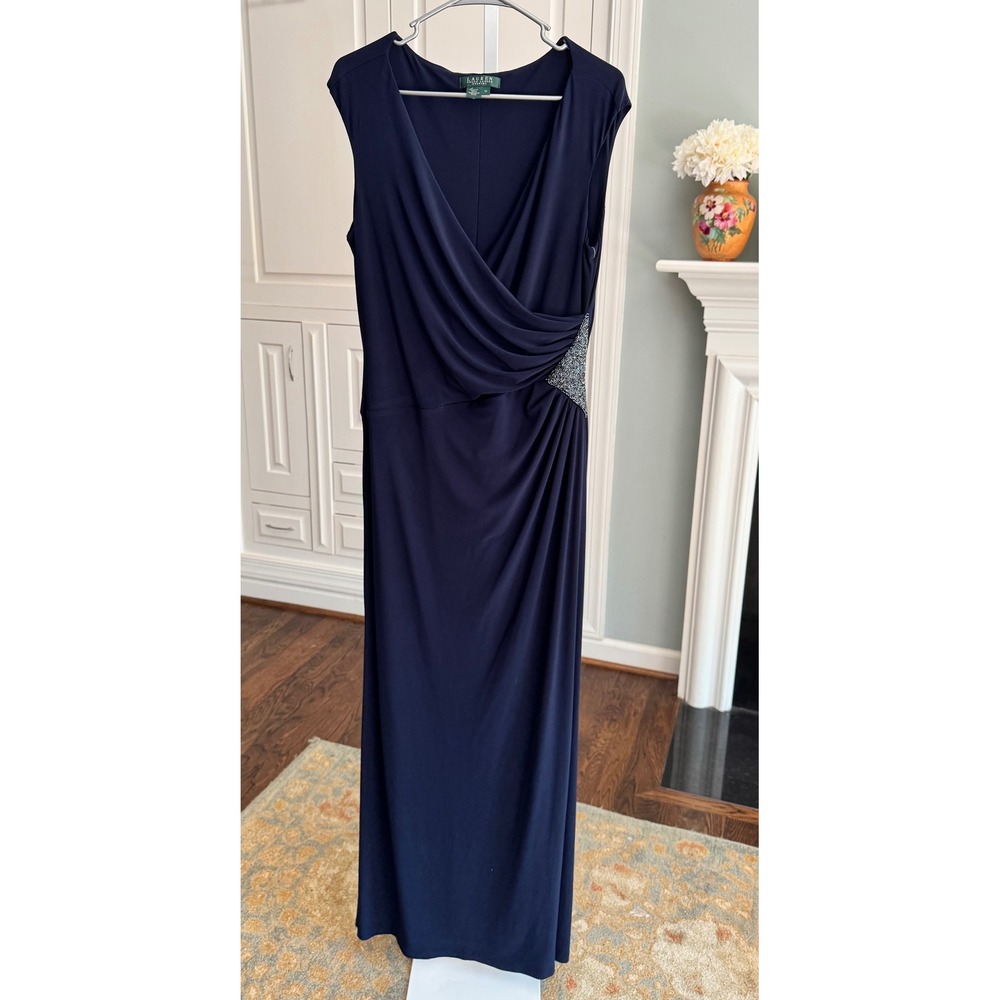 New Lauren Ralph Lauren Evening Navy Draped Gown Rhinestone Detail 14‎ Formal - Picture 5 of 13